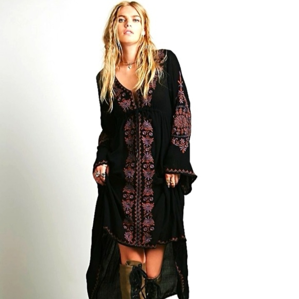 Free People Black Dress with Purple Embroidery